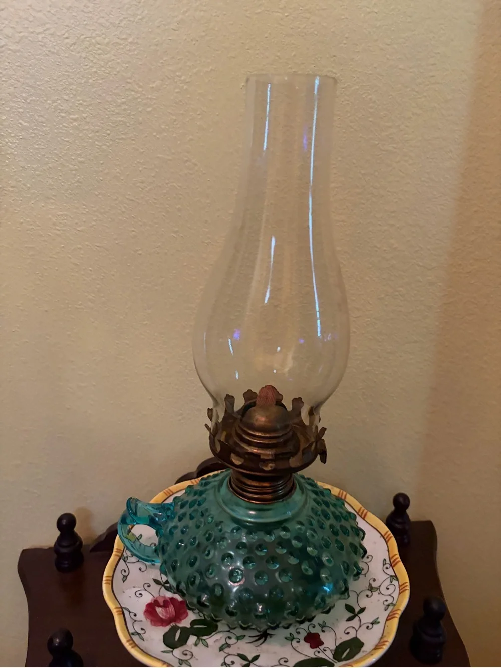 Vintage Green Hobnail Glass Oil Lamp - Teal Accent